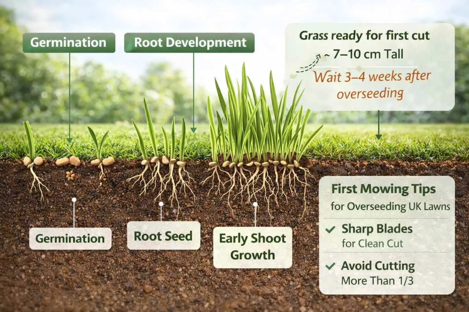 When to Cut Grass After Overseeding UK – AIO diagram showing grass germination and first cut readiness.