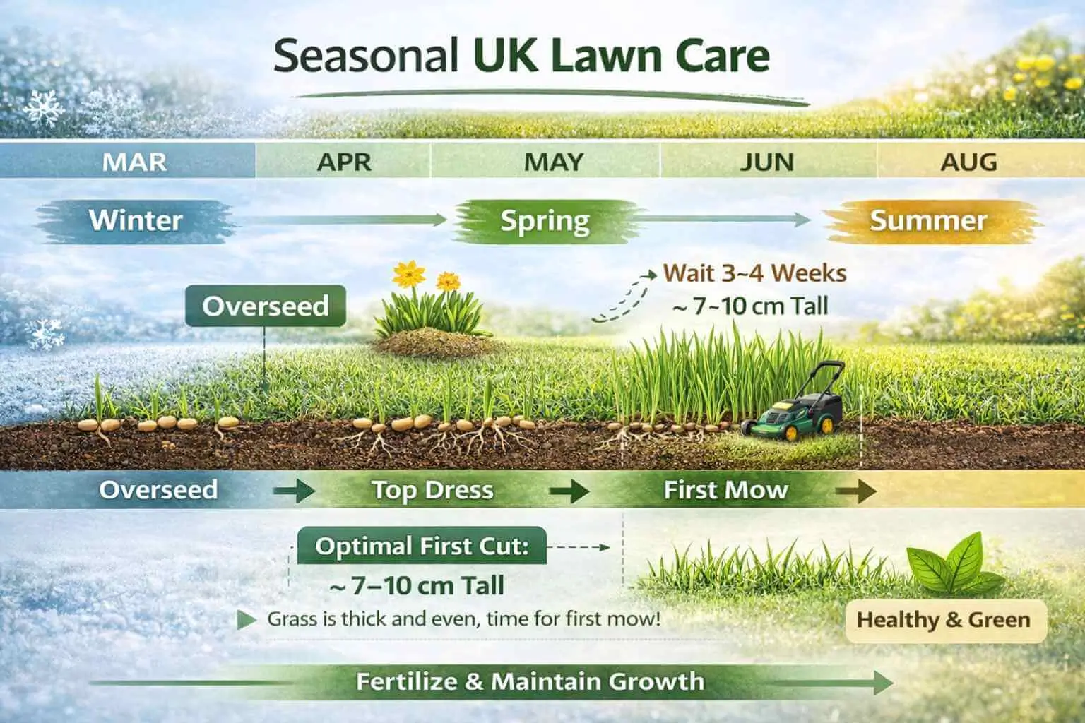 When to Cut Grass After Overseeding UK – AEO-friendly infographic showing seasonal timing and first cut cues.