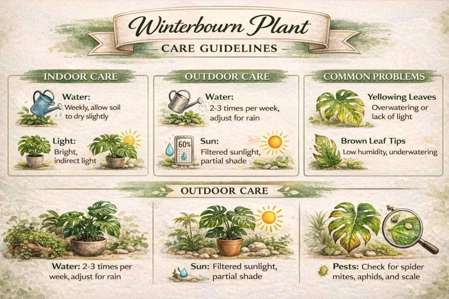 Winterbourn plant care infographic showing indoor and outdoor care tips and common problems.