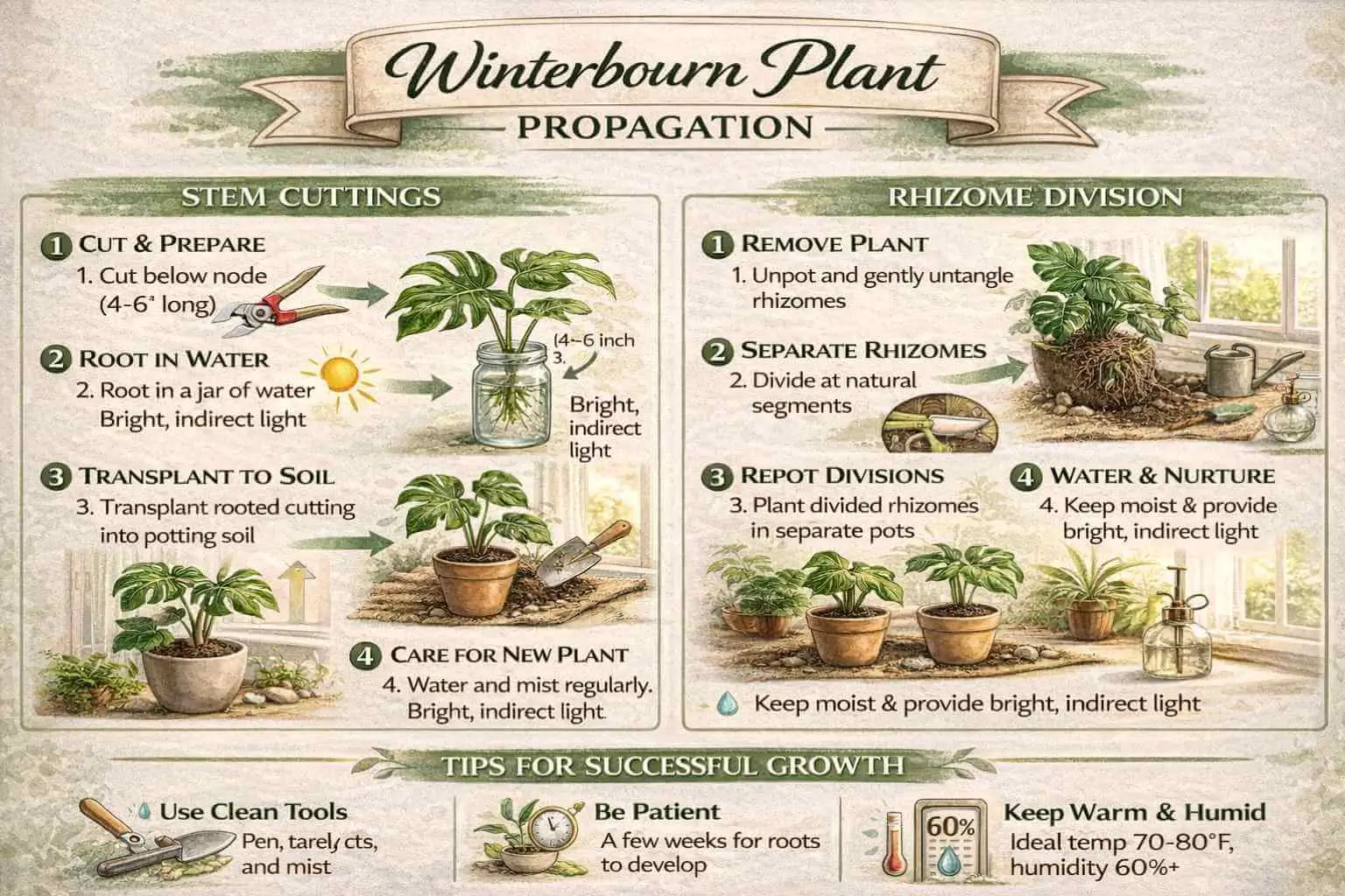 Winterbourn plant propagation infographic illustrating stem cuttings and rhizome division techniques.