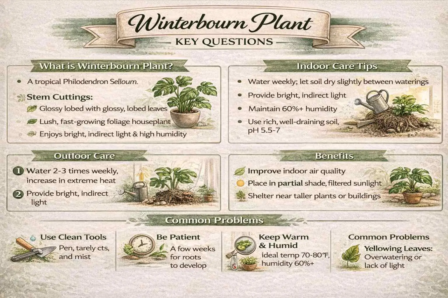 Winterbourn plant infographic answering key care, propagation, and benefit questions.