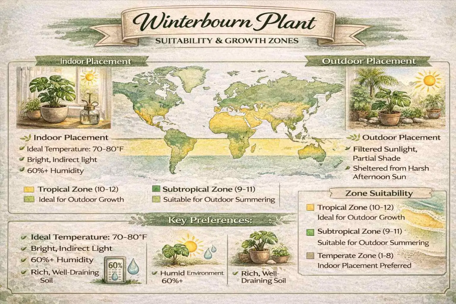 Winterbourn plant infographic showing ideal indoor/outdoor climates and soil conditions for growth.
