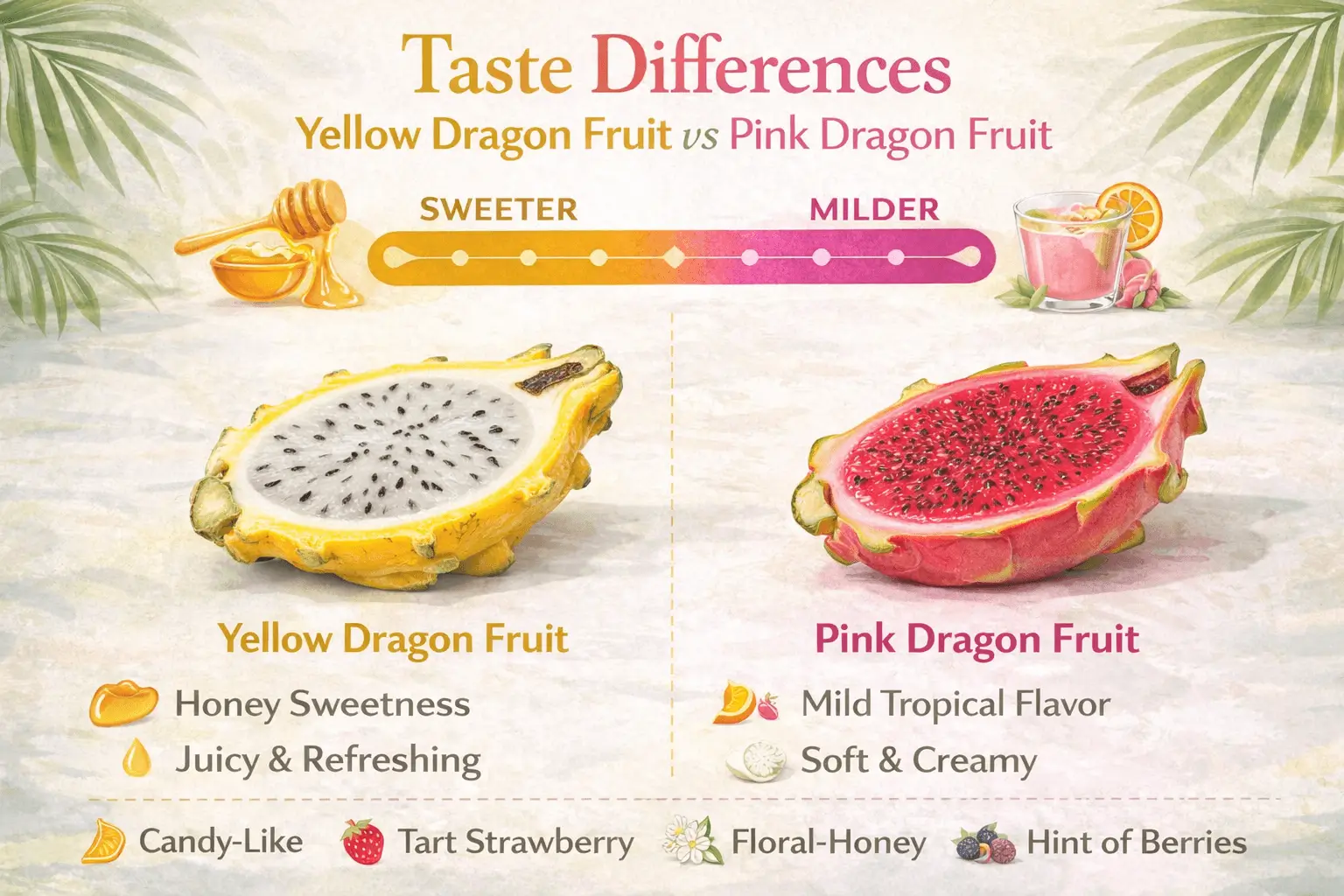 yellow dragon fruit vs pink taste comparison infographic showing sweetness levels