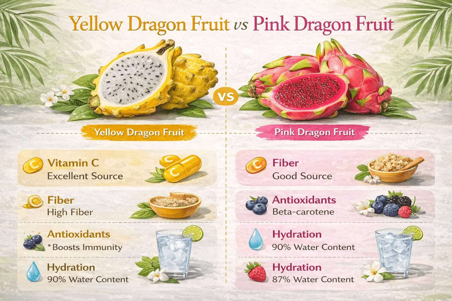 yellow vs pink dragon fruit nutrition infographic showing fiber vitamins and antioxidants