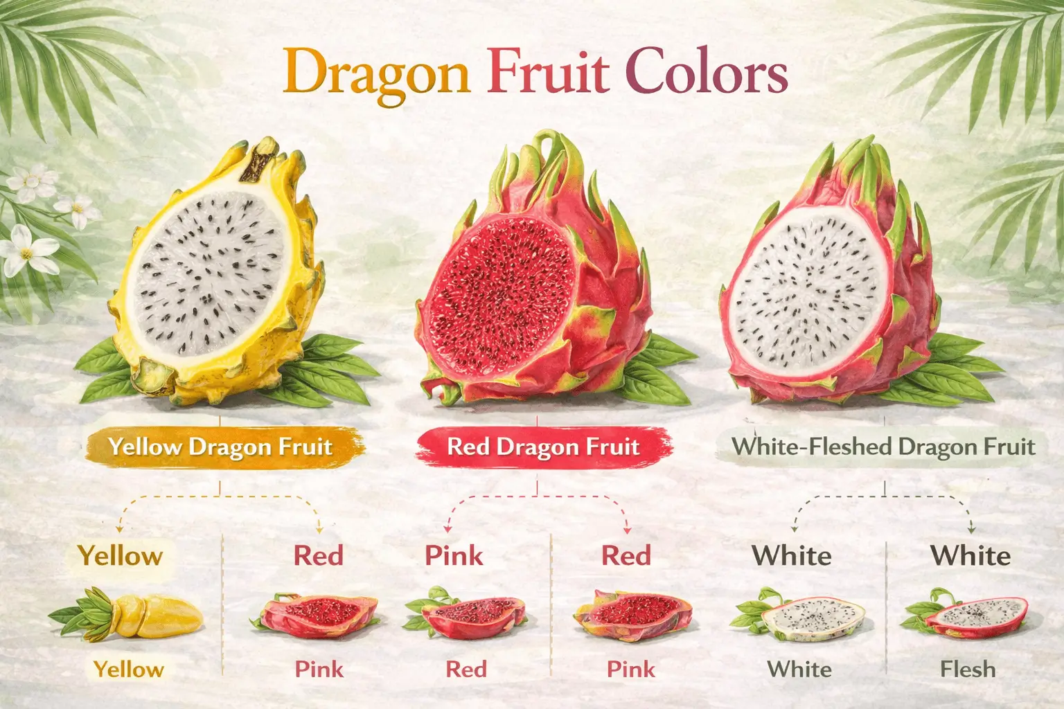 different types of dragon fruit colors yellow red and white comparison infographic