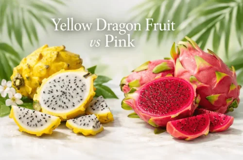 yellow dragon fruit vs pink dragon fruit comparison showing sliced fruits and color differences