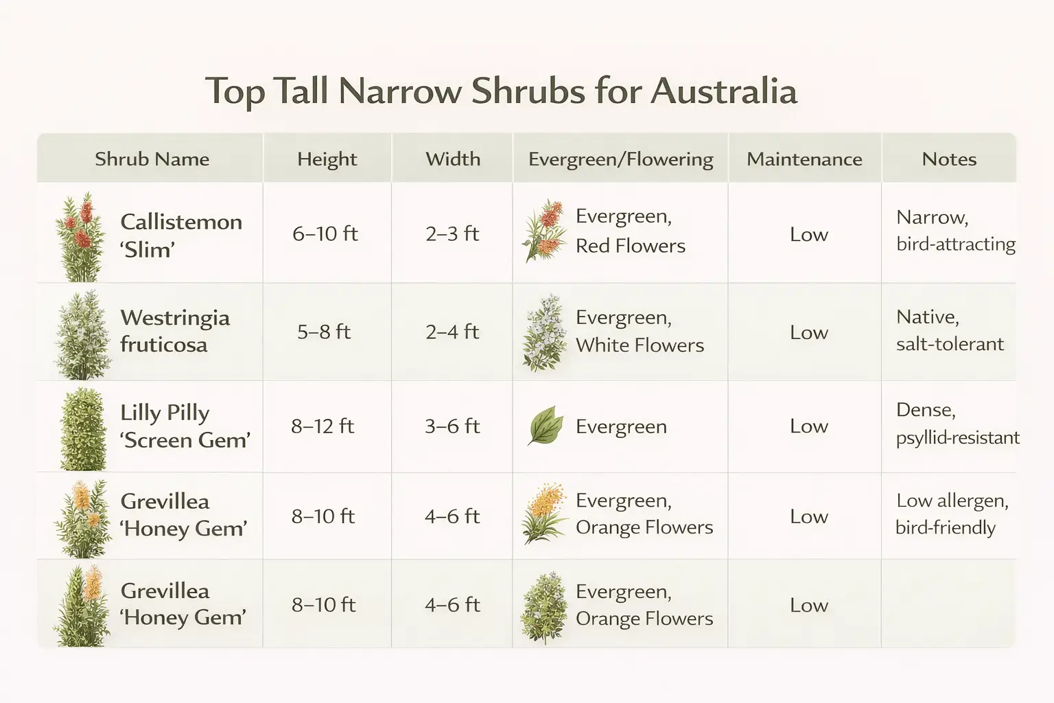 tall narrow shrubs australia